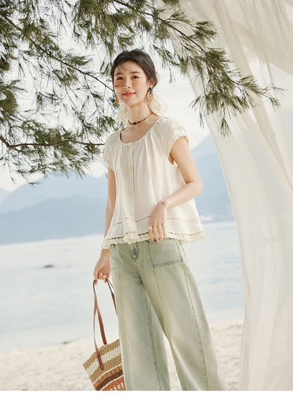 Embroidered French Shirt Women Summer 2025 Short Sleeve Round Neck Solid Blouses Female Fashion New Tops Lady MXE33X1744