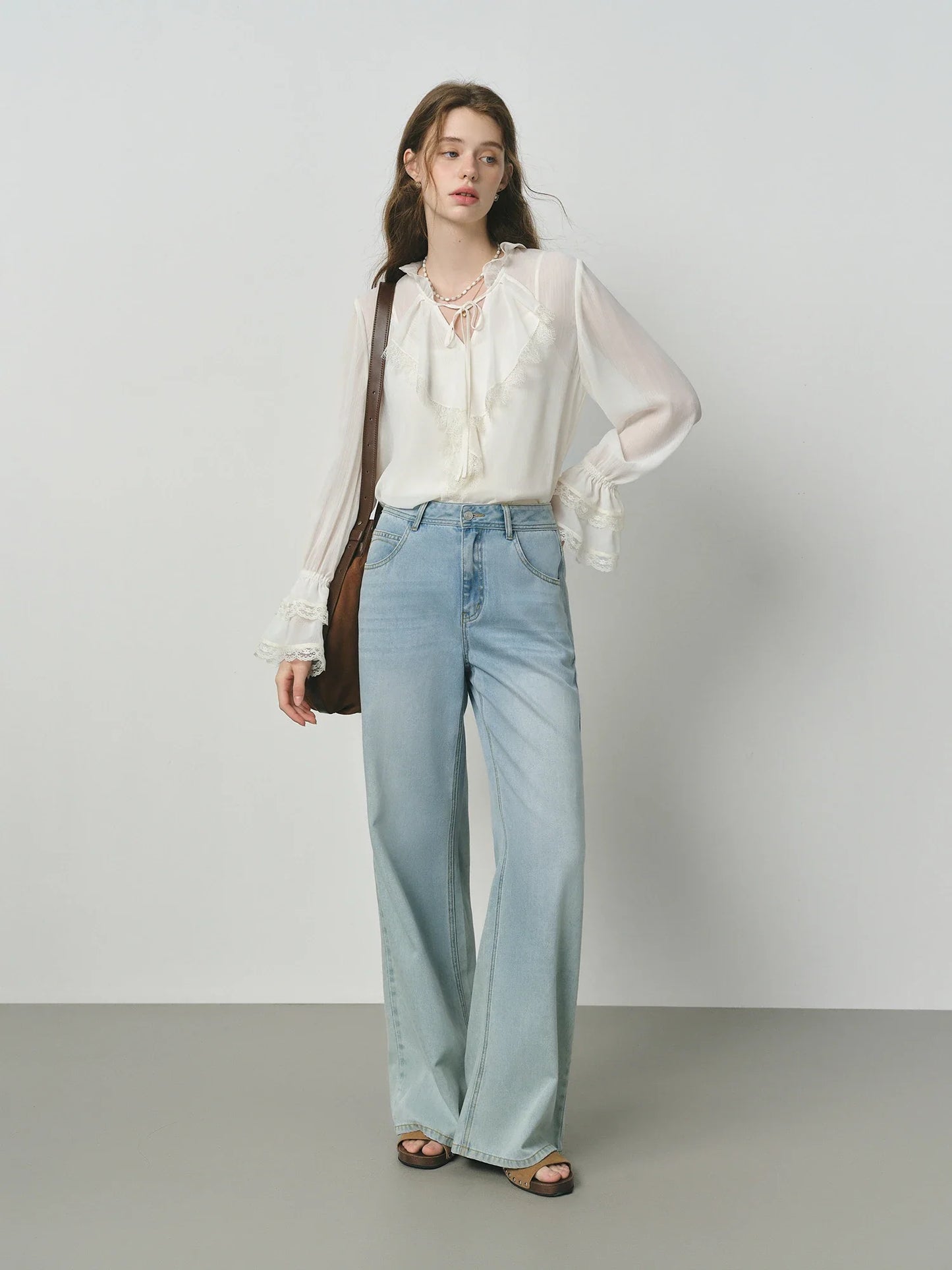 Autumn 2025 French-Inspired Blouse - Flounce Trim Long Sleeve Lace-Detailed Elegant Office Ready Romantic Top Women
