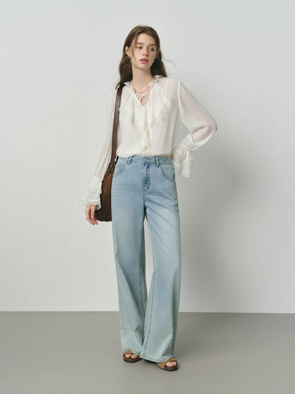 Autumn 2025 French-Inspired Blouse - Flounce Trim Long Sleeve Lace-Detailed Elegant Office Ready Romantic Top Women