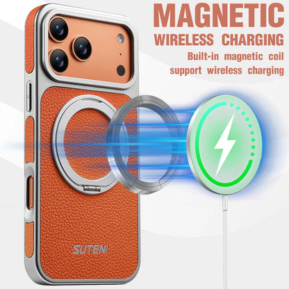 Faux Leather Magnet Wireless Charging Phone Case 360° Rotating Stand Ring Buckle Frosted Feel For iPhone 17 Pro Max 16 15