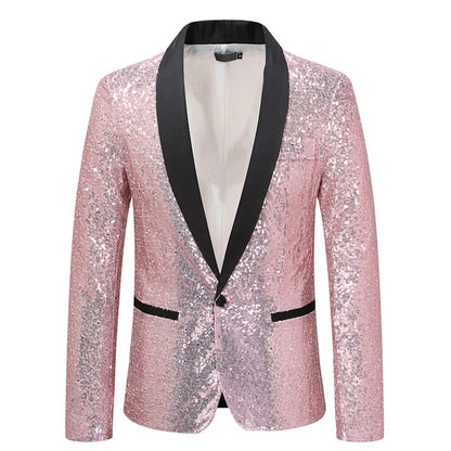 2026 Men's Suit Jacket, Shiny Sequin Stage Performance Coat, White Silver Blue Red Purple Blazers V-neck Single Button