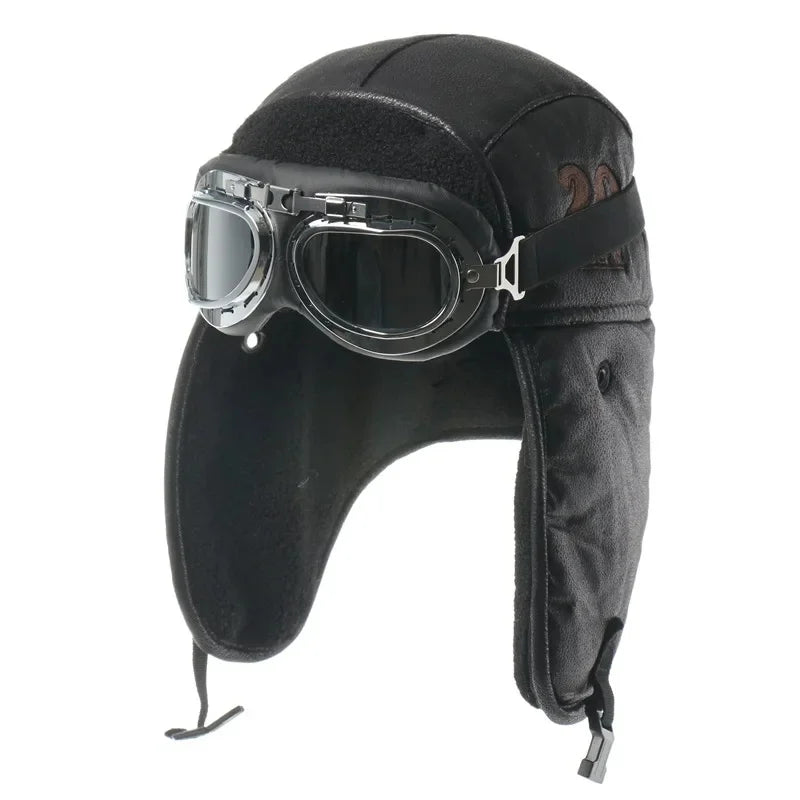 Men Winter Bomber Hat With Goggles Outdoor Motorcycle Windproof Warm Faux Fur Pilot Earflap Hat Leather Thermal Ushanka