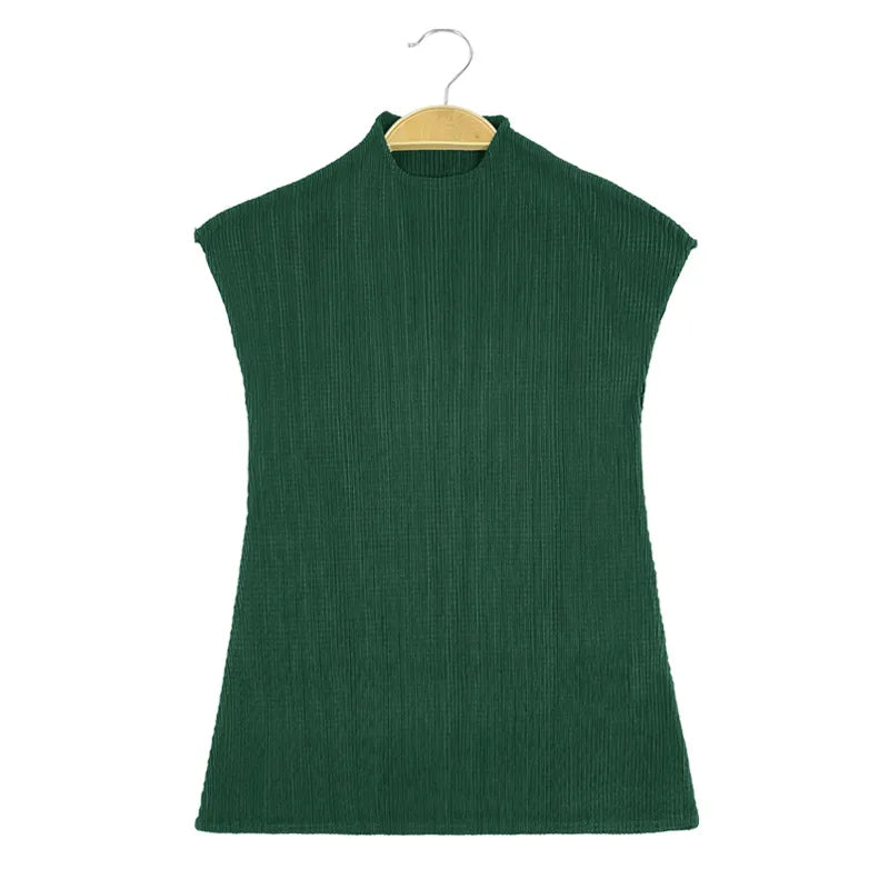 Miyake Versatile Classic Simple Solid Color Stand Up Collar Pleated Top Women Slim Slim Short Sleeve Miyake T-shirt Summer 2025