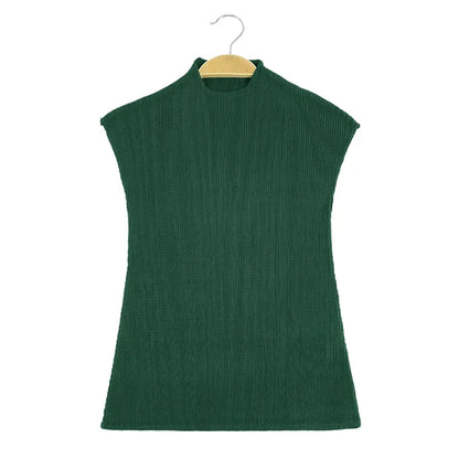 Miyake Versatile Classic Simple Solid Color Stand Up Collar Pleated Top Women Slim Slim Short Sleeve Miyake T-shirt Summer 2025