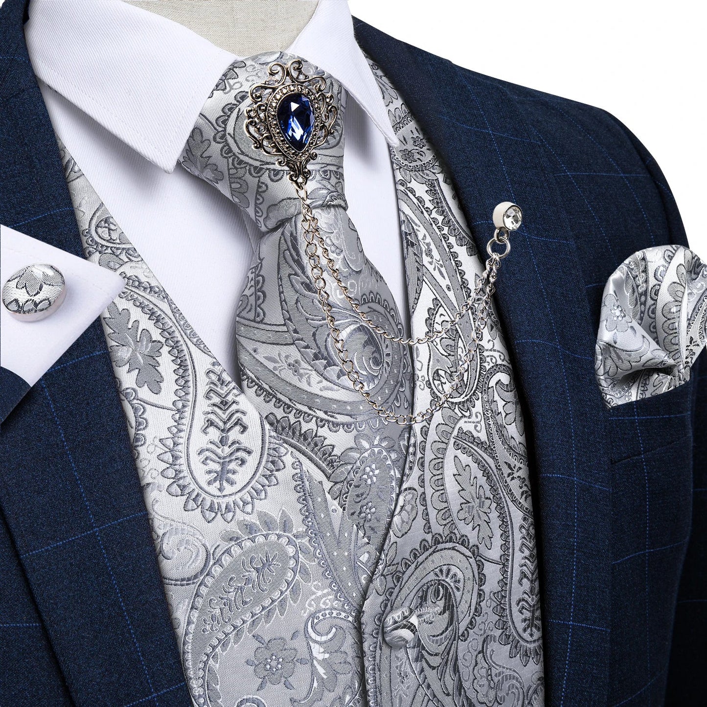 New Teal Green Paisley Formal Dress Vest Men's Suit Vest Waistcoat Tie Brooch Pocket Square Set for Tuxedo