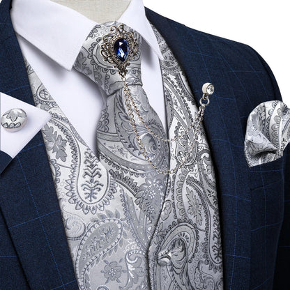 New Teal Green Paisley Formal Dress Vest Men's Suit Vest Waistcoat Tie Brooch Pocket Square Set for Tuxedo