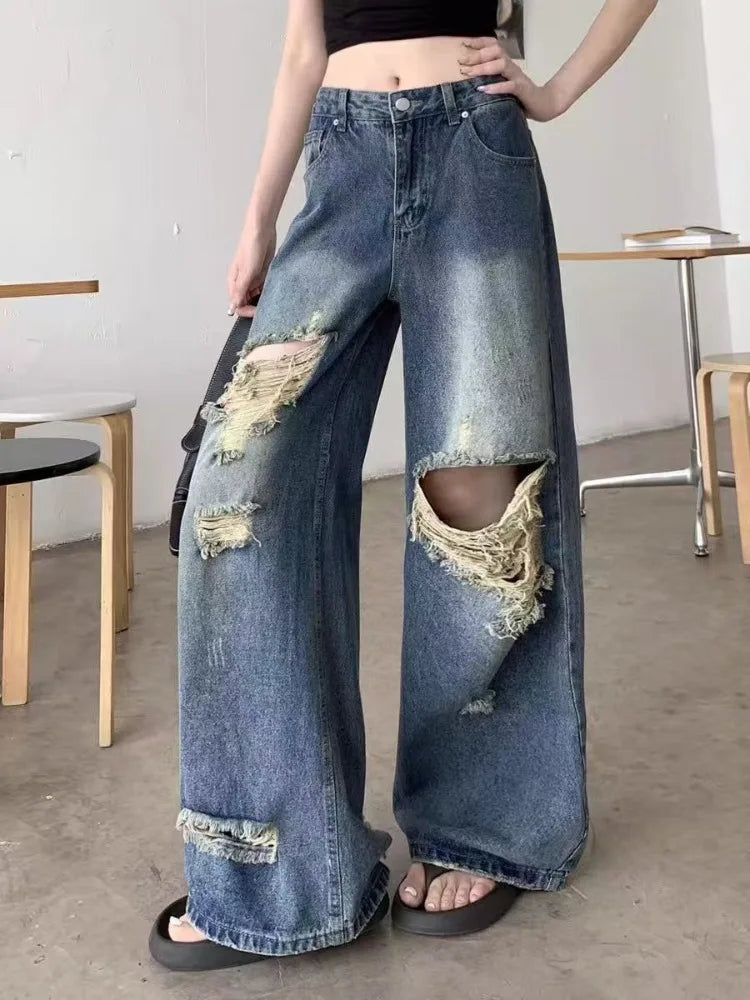 Casual Denim Pant Women Jeans Vintage Straight Trousers Autumn Spring Fashion Female Blue Wide Leg Pants Hole Jeans