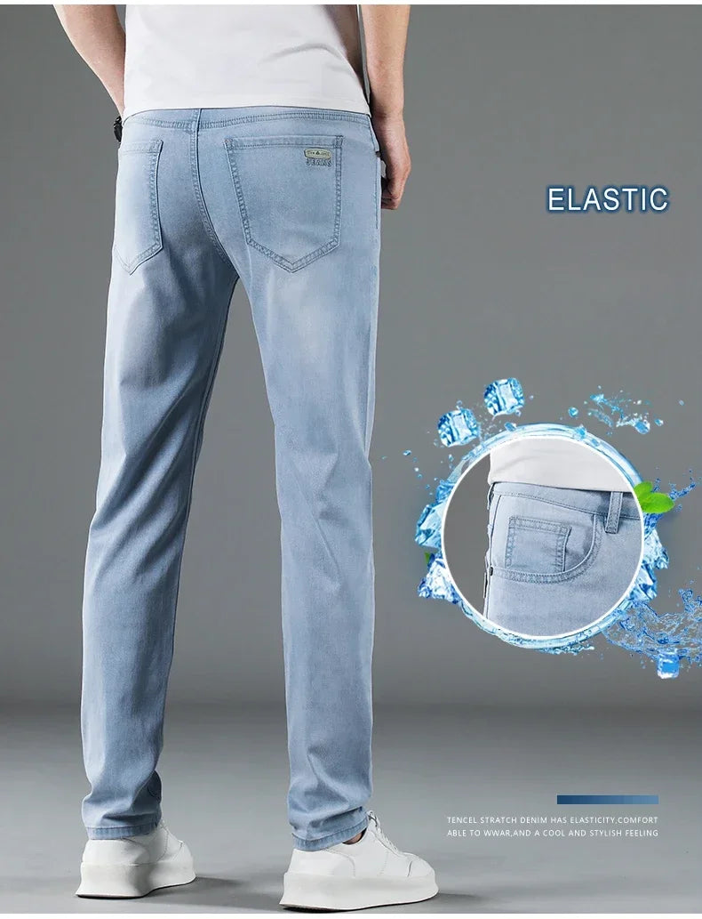 New Men's Thin Lyocell Jeans Soft Business Stretch Fashion Trousers Slim Brand Casual Elasticity Denim Pants Male Clothes