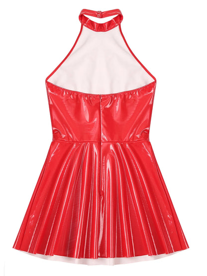 Womens Glossy Patent Leather Glossy Mini Skater Dress Halter Backless Bodycon Lingerie A-Line Dresses Rave Disco Party Clubwear