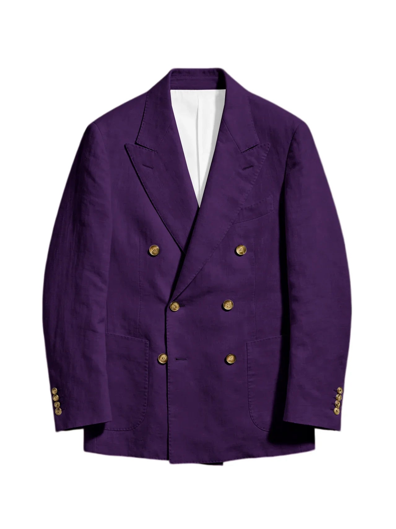 Men's Linen Double Breasted Blazer Peak Lapel Casual Business Suit Jacket With Patch Pockets For Daily Office Wear