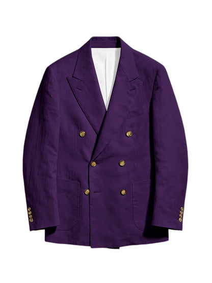 Men's Linen Double Breasted Blazer Peak Lapel Casual Business Suit Jacket With Patch Pockets For Daily Office Wear