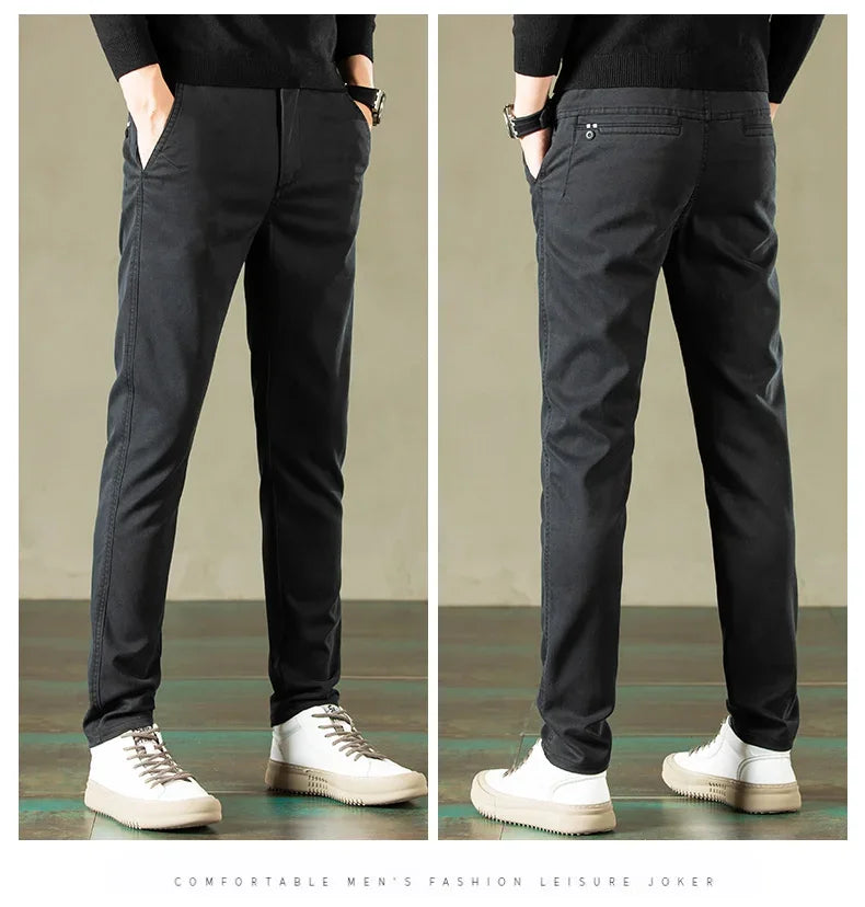 2024 Spring New Men's Casual Pants Brand Clothing Business Elastic Waist Thick Classic Slim Trousers Male Black Grey Brow
