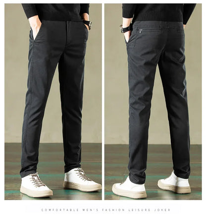 2024 Spring New Men's Casual Pants Brand Clothing Business Elastic Waist Thick Classic Slim Trousers Male Black Grey Brow