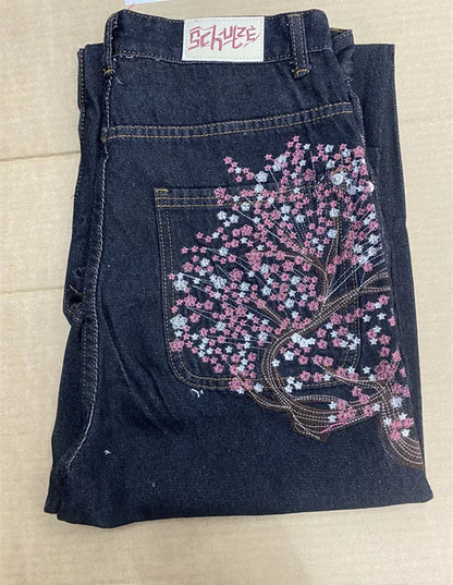 Y2K Vintage Low Waist Hip Hop Cherry Blossom Embroidered Jeans  Wide Leg Trousers Clothes Mens Embroidered Baggy Jeans Womes