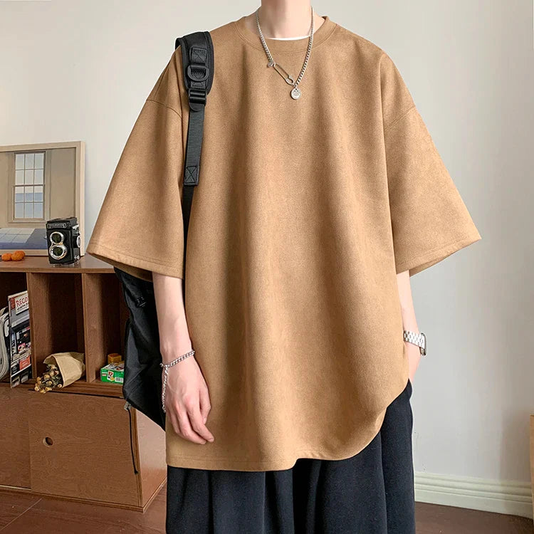 Summer Short Sleeved T-shirt Men Fashion Solid Color Round Neck T Shirt Men Streetwear Loose Suede Tshirt Mens Top M-3XL