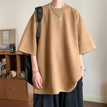 Summer Short Sleeved T-shirt Men Fashion Solid Color Round Neck T Shirt Men Streetwear Loose Suede Tshirt Mens Top M-3XL