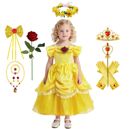 Girl Belle Dress Beauty Cosplay Costume Princess Deluxe Applique Outfit Children Birthday Party Elegant Gown Fairy Disguise Sets