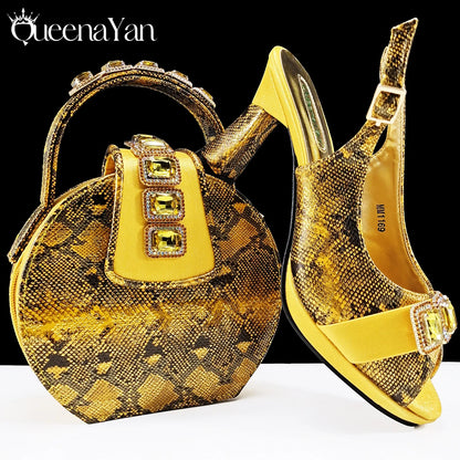 New Luxurious Italian Women's Party Shoes&Bag Set Elegant Golden Rhinestone  Sandals with Peep Toe High Heels Wedding