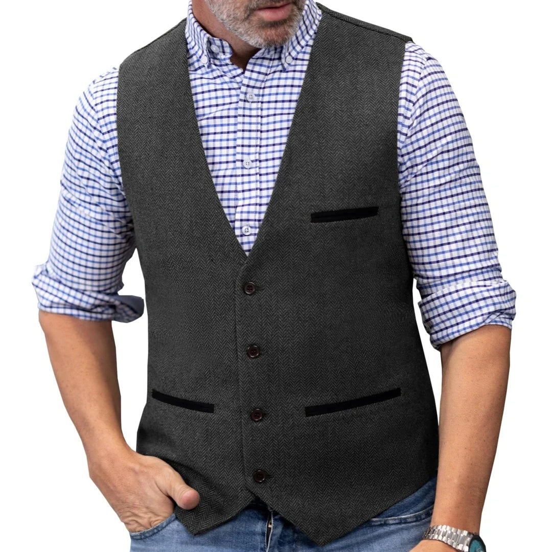 Men Vest Brown V Neck Single ButtonTweed Casual Business Waistcoat For Wedding Party Banquet Prom Work Men Suit Vest