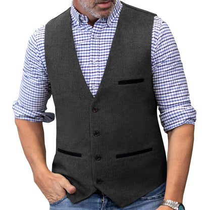 Men Vest Brown V Neck Single ButtonTweed Casual Business Waistcoat For Wedding Party Banquet Prom Work Men Suit Vest
