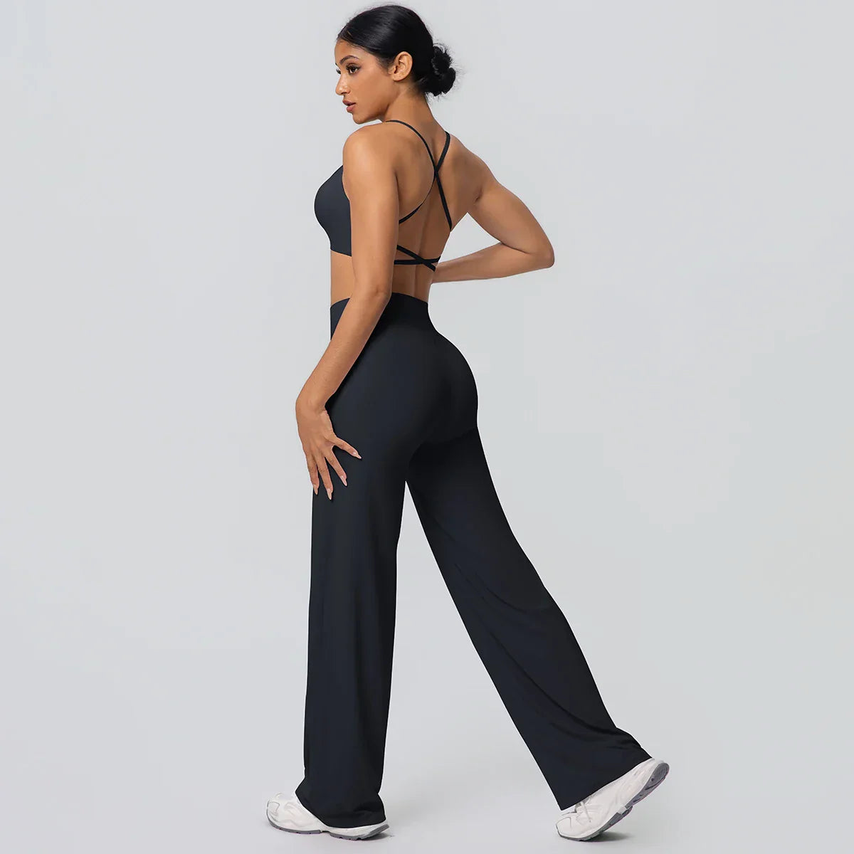 Women Gym Sports Yoga Suit Sexy Beautiful Back Yoga Underwear With Chest Pad Solid Color High Waisted Wide Leg Pants Yoga Set