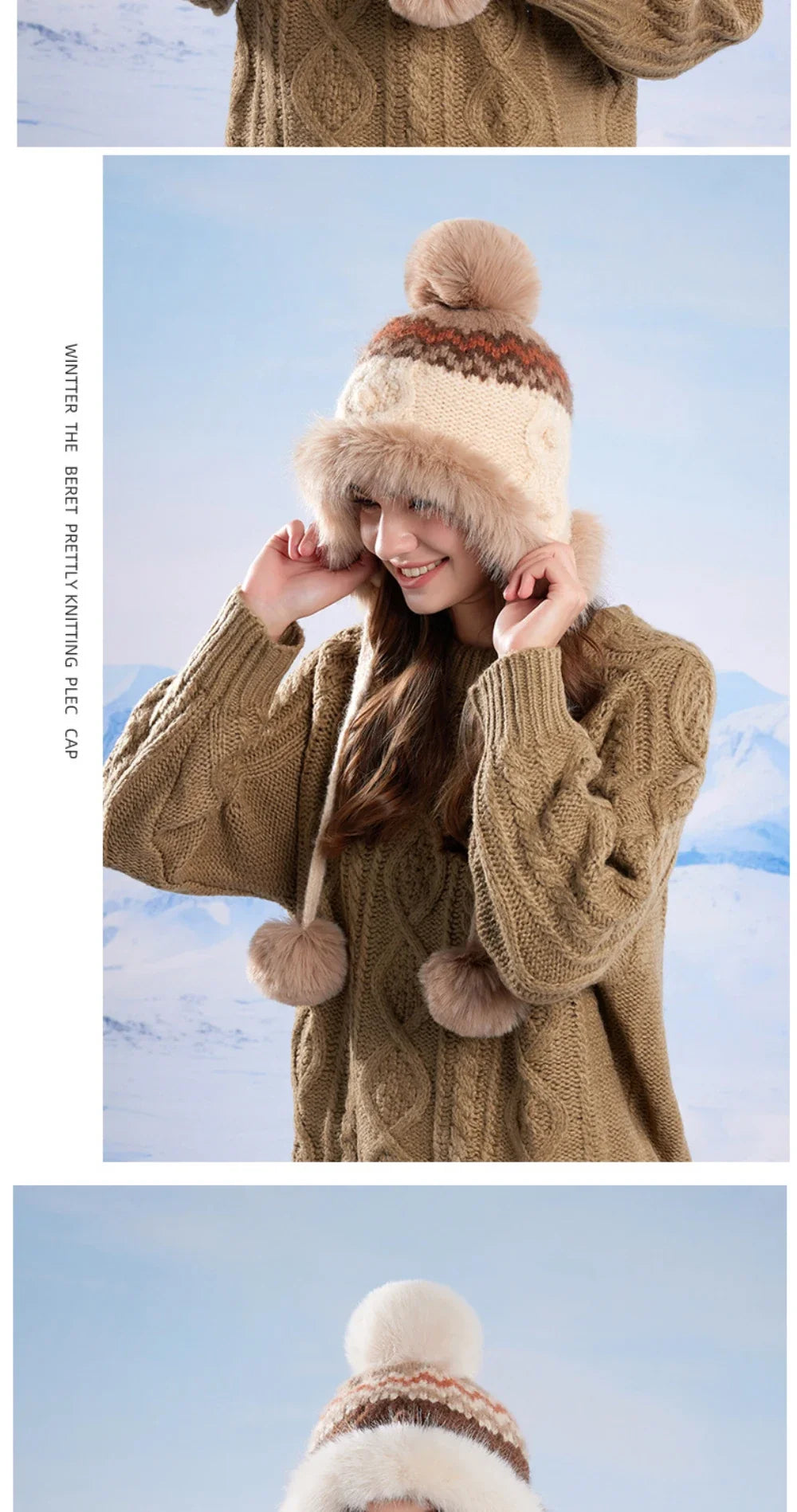 New Thick Warm Women Winter Hat Skullies Beanies Knitted Fur Hat Three Fur Ball Beanie Hat Female Earflap Cap Russian Hat