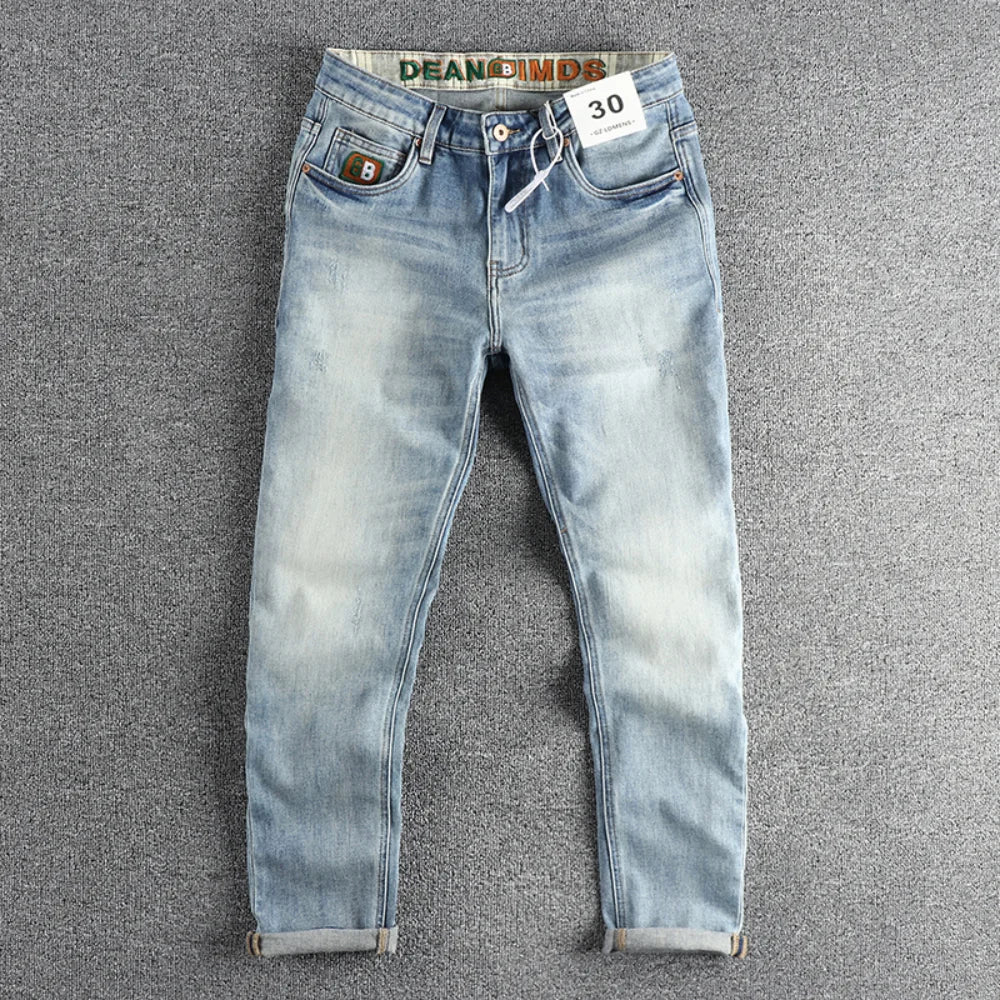 New wash light blue ground white jeans men's spring American fashion brand small straight leg retro casual youth pants