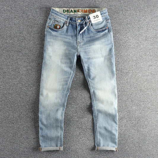 New wash light blue ground white jeans men's spring American fashion brand small straight leg retro casual youth pants