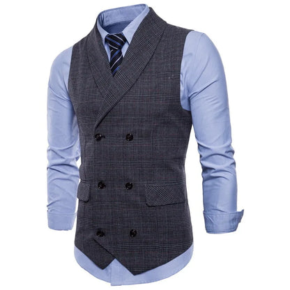 New Men's Checkered Vest, Male Casual Business Suit Vest, Plus Size British-Style  Four Seasons Double Breasted Slim Fit Vest