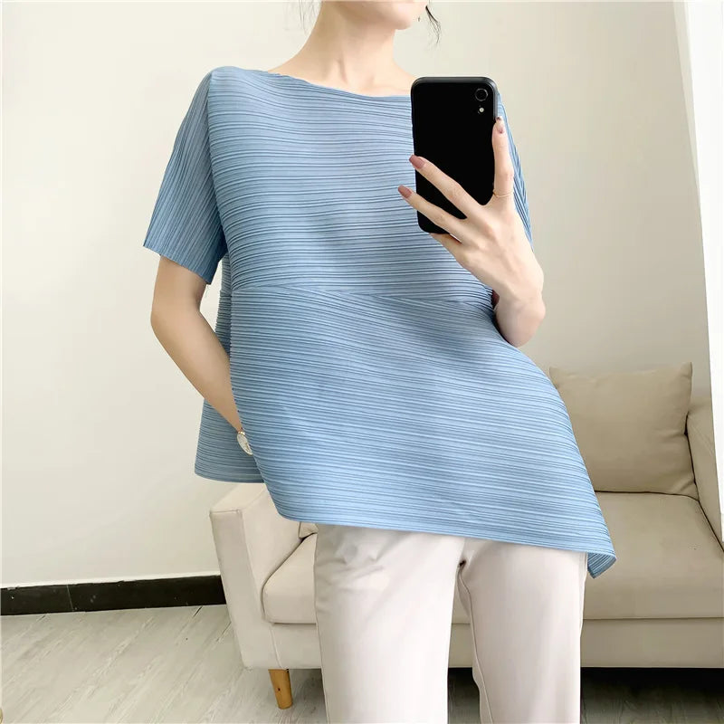 Miyake Irregular Short Sleeve Pleated Top Simple Loose Plus Size with Stretch T-Shirt Vacation Office Clothing Polyester Crepe