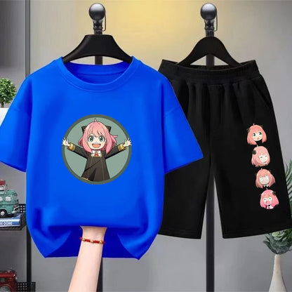 Anime Spy X Family Children T-Shirt+Bottom Wear Age 3-12 Girls Pink Set Black 2pcs Kids Set Print Summer Cool T-Shirt