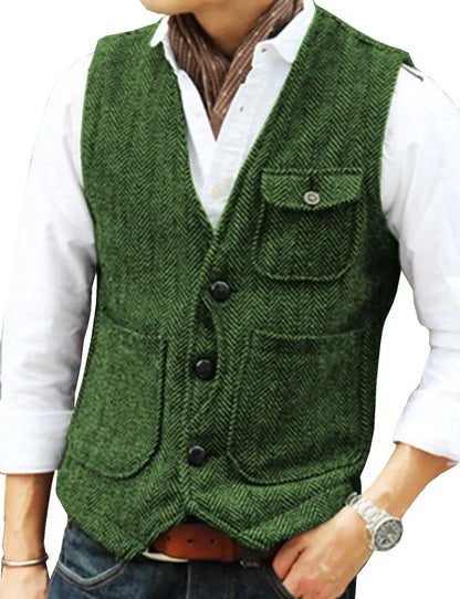 Men's Business Suit Vest Herringbone Tweed V Neck Formal Waistcoat for Wedding Suit or Tuxedo