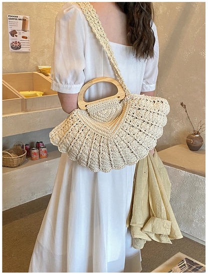 2026 New Retro Fan-shaped Crochet Woven Underarm Bag for Women Ins Style Seaside Vacation Versatile Wooden Handle Shoulder Bag