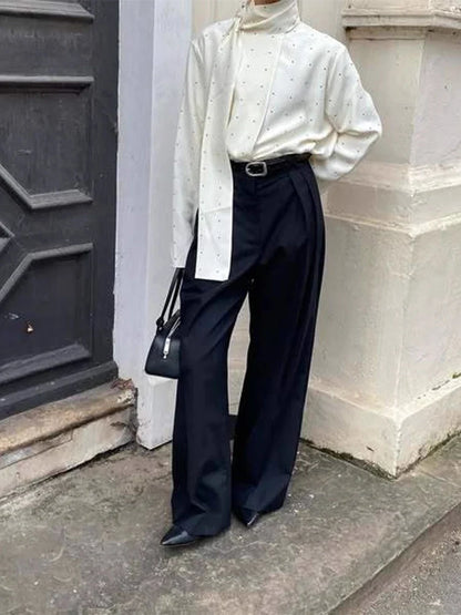 Satin Scarf Neck Polka Dot Printing Women Blouse Fashion Full Sleeve Loose Basic Shirt Lady Autumn New Highstreet Commute Wear