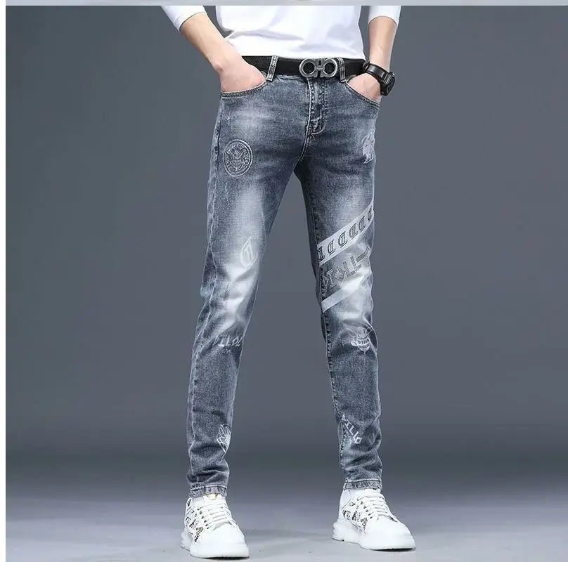 High End Stylish Classic Distinctive Printed Black Stretch Denim Jeans for Men High Quality Slim Fit Stretch Luxury Denim Pants