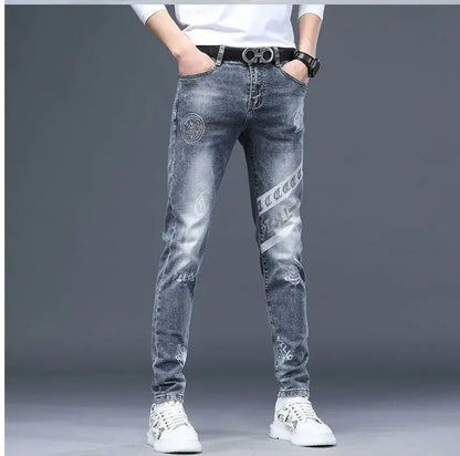 High End Stylish Classic Distinctive Printed Black Stretch Denim Jeans for Men High Quality Slim Fit Stretch Luxury Denim Pants