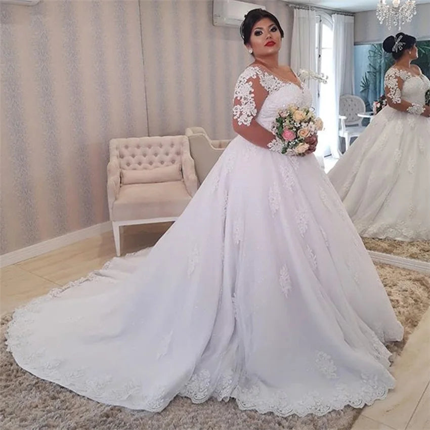 Wedding Dress Plus Size Illusion Long Sleeve Pearls Beading Appliques White Bridal Gowns vestido de noiva