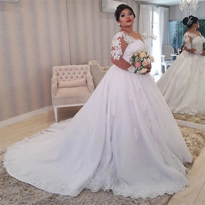 Wedding Dress Plus Size Illusion Long Sleeve Pearls Beading Appliques White Bridal Gowns vestido de noiva