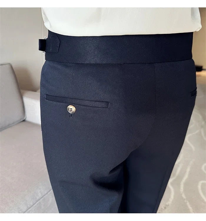 Pure Color Male Business Wedding Dress Pants Fashion Unique Design Men Waist Adjustable Suit Pant No Belt Slim Trousers Homme