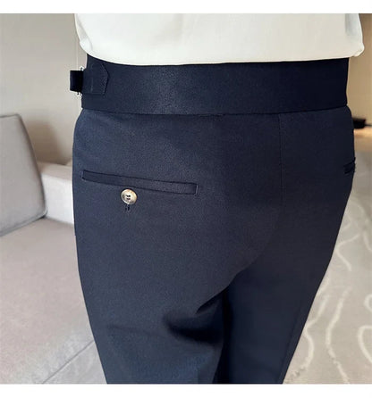 Pure Color Male Business Wedding Dress Pants Fashion Unique Design Men Waist Adjustable Suit Pant No Belt Slim Trousers Homme
