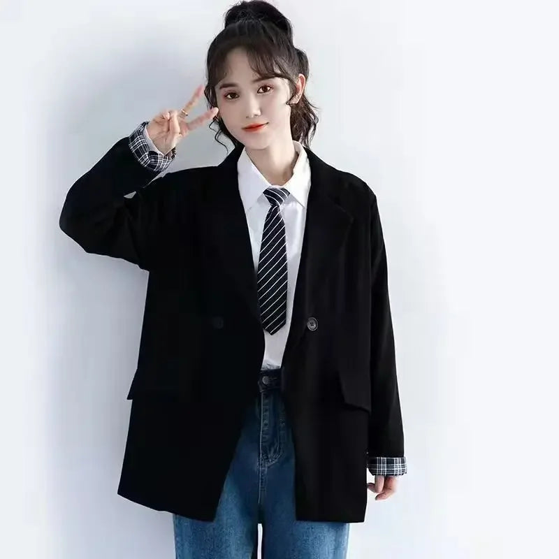 Petite Women's Spring Autumn Black Rolled Cuffs Blazer New Arrival Loose Vintage Casual Plaid Korean Style Chic Suit Jacket