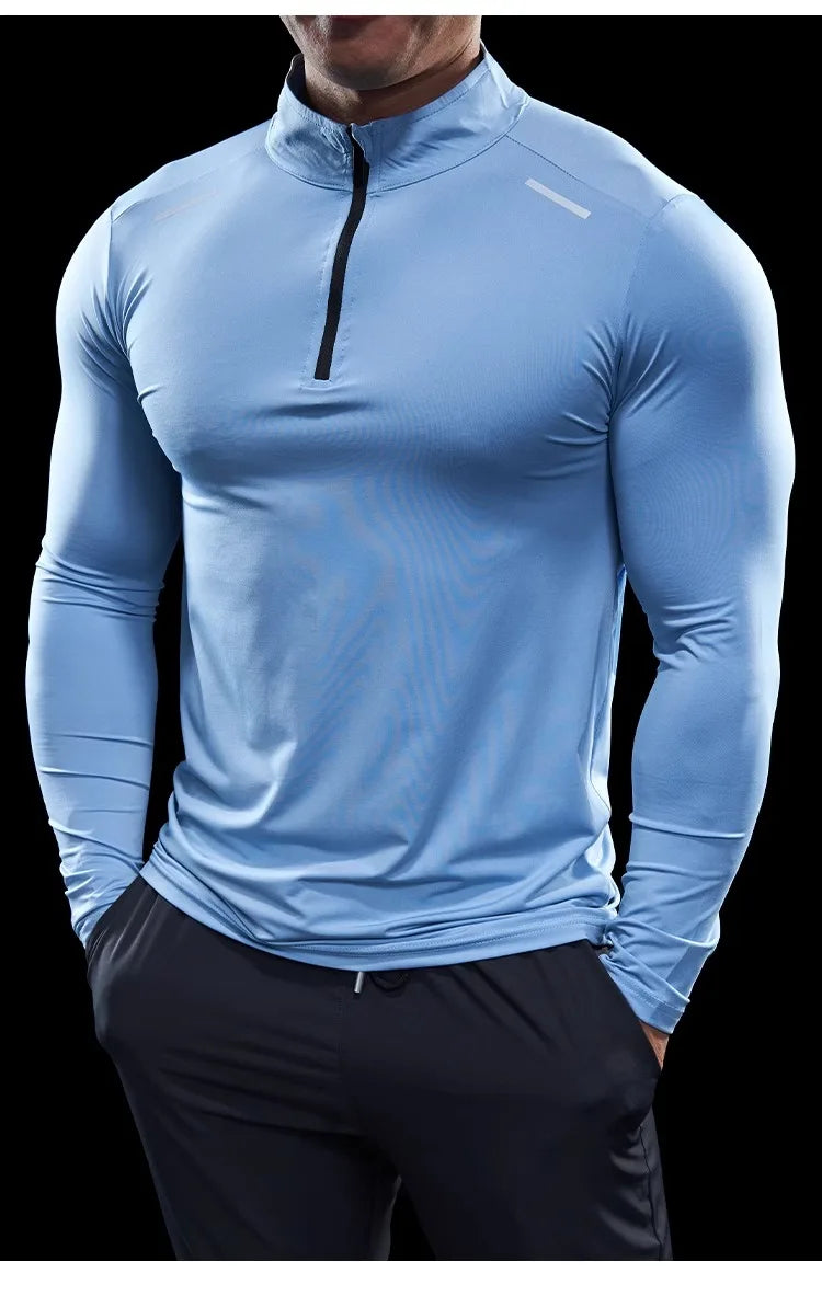 Men Stand Collar Zipper T-shirt Gym Running Training Fitness Bodybuilding Sport Top Quality Elastic Long Sleeve Tight Tops Tees