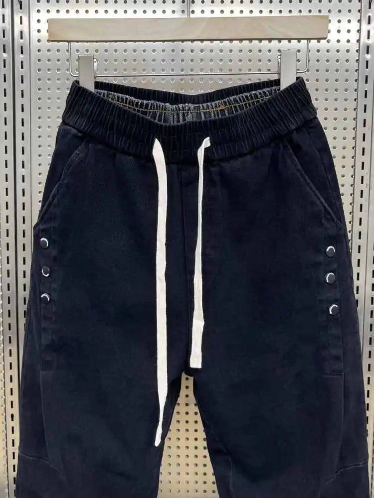 Drawstring Menswear Clothing Handsome Spring New Men's Jeans Korean Elastic Waist Buttons Decorative Fashion Harlan Pants Men
