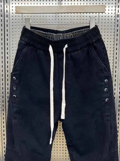 Drawstring Menswear Clothing Handsome Spring New Men's Jeans Korean Elastic Waist Buttons Decorative Fashion Harlan Pants Men