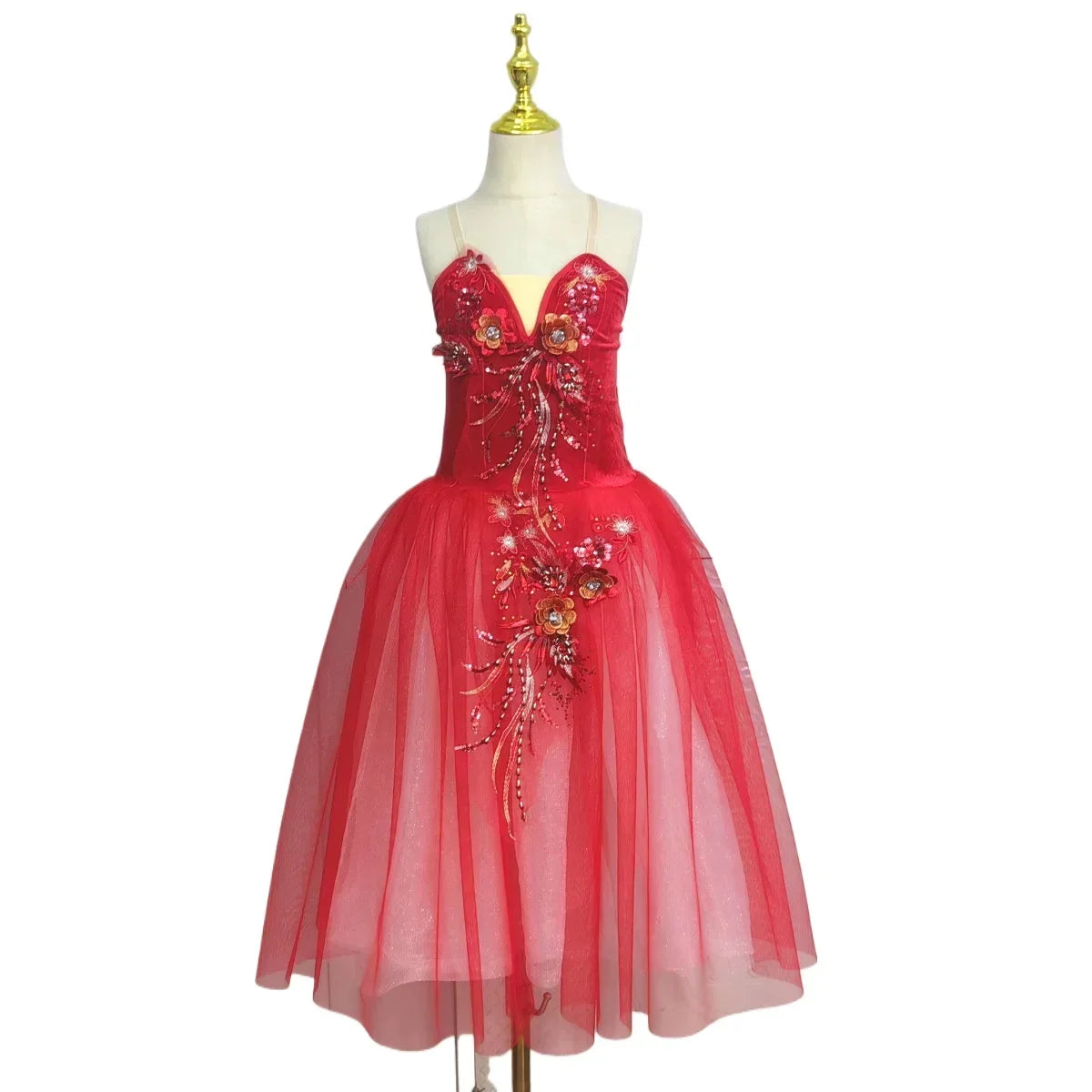 Long Ballet Tutu Skirts Blue 3d Flower Dress Performance Costumes Princess Dance Practice Romantic Dress
