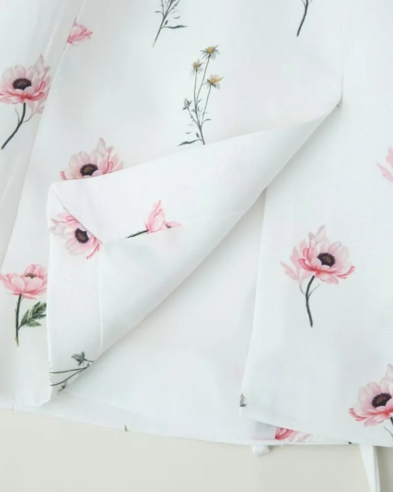 Women's Floral Print Blazer, White Pink Flower Casual Suit Jacket, Notch Lapel Loose Outwear with Tie Waist, Spring Daily Wear