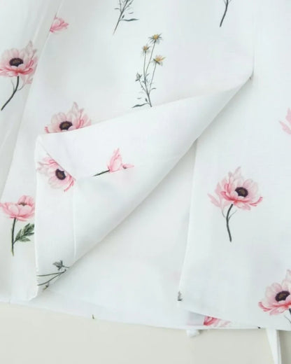 Women's Floral Print Blazer, White Pink Flower Casual Suit Jacket, Notch Lapel Loose Outwear with Tie Waist, Spring Daily Wear