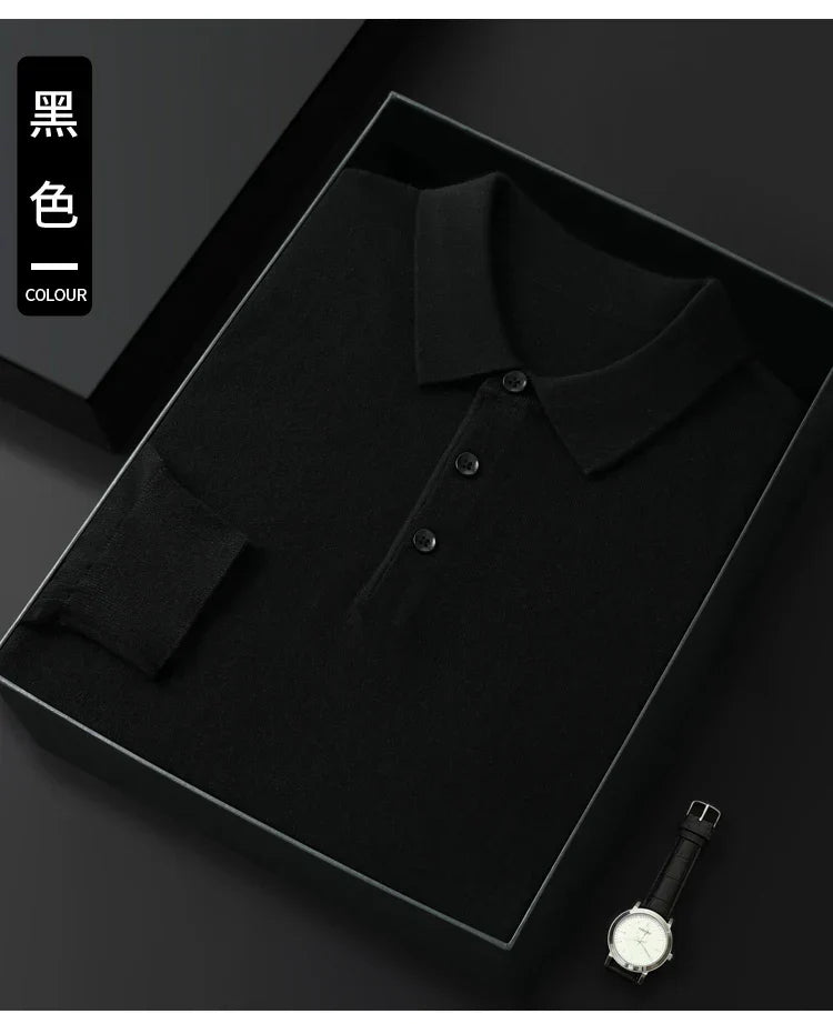 Spring Autumn Men Shirt  Merino Worsted Wool Knitted Pullover Long Sleeve Polo-Collar Clothing Tops Smart Casual Thin Outerwears