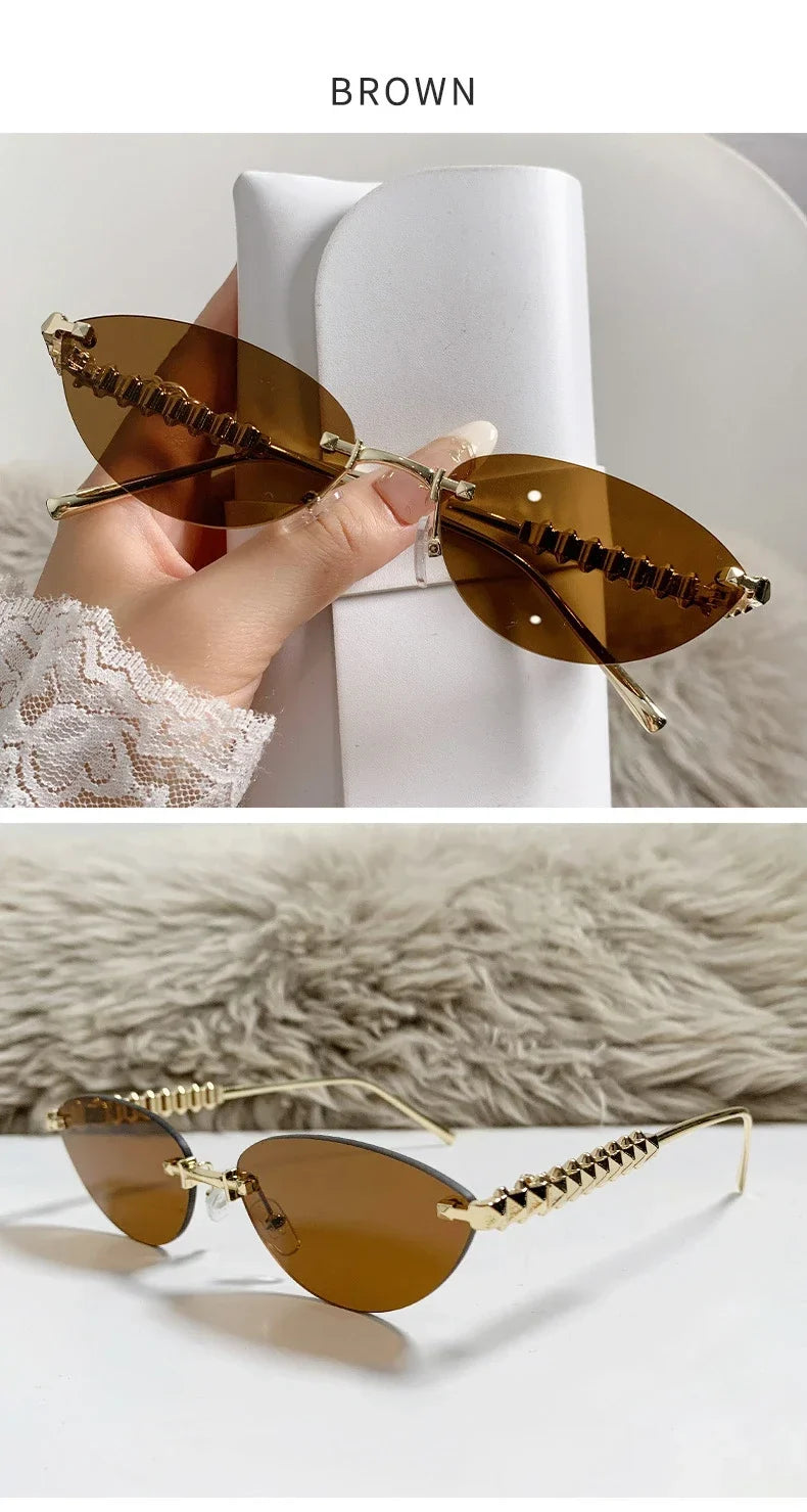 2026 Cat Eye Rivet Rimless Sunglasses Women Luxury Fashion Brand Oval Narrow Sun Glasses Shades Trendy Elegant Unique Eyewear