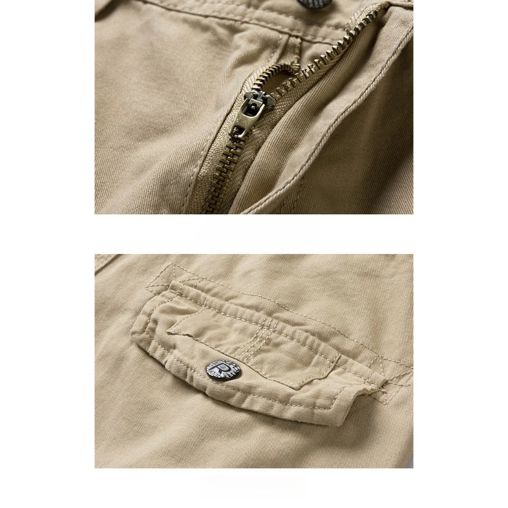 Summer Cargo Shorts Men's Pure Cotton Vintage Washed Multi Pocket Casual Straight Leg Trendy Knee Length Pants Streetwear